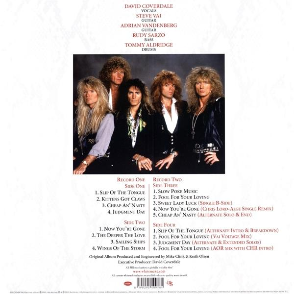 Sechs Bandmitglieder posieren für ein Foto. Text listet Bandmitglieder und Albumtracks auf.