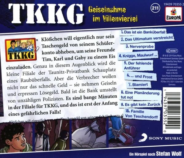 Rückseite des TKKG-Buches mit einer Karikatur von Figuren und Text auf Deutsch.