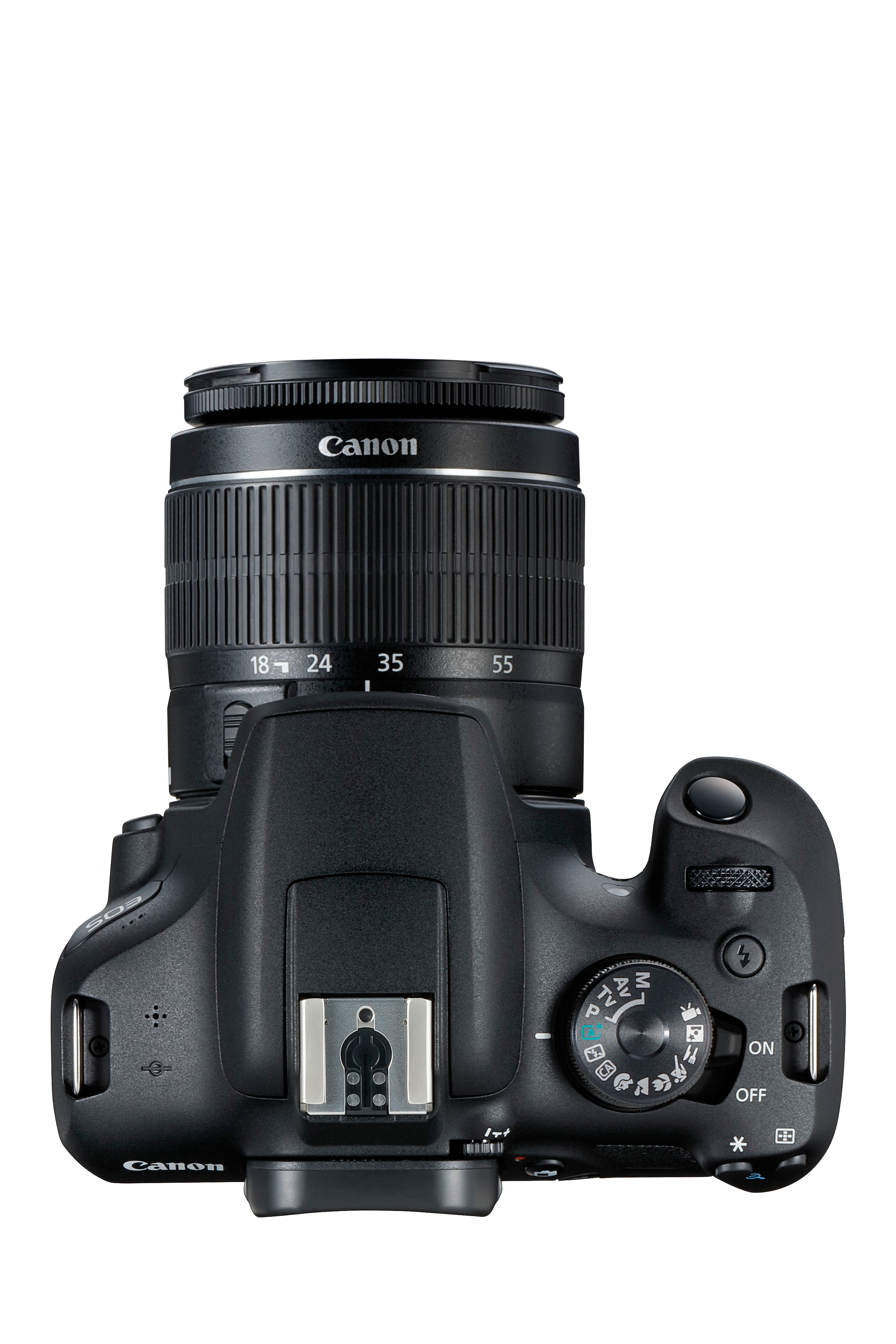 Bir lens takılı Canon DSLR kameranın üstten görünümü.