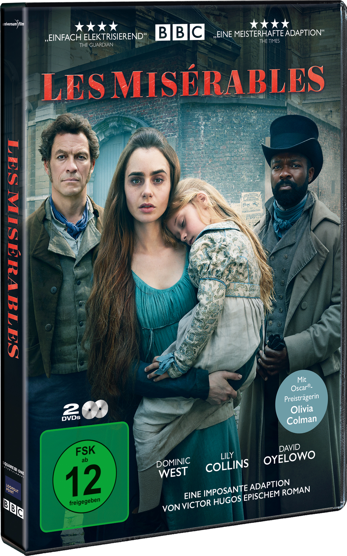 DVD-Hülle für Les Misérables mit Schauspielern und Text. Dunkle Umgebung.