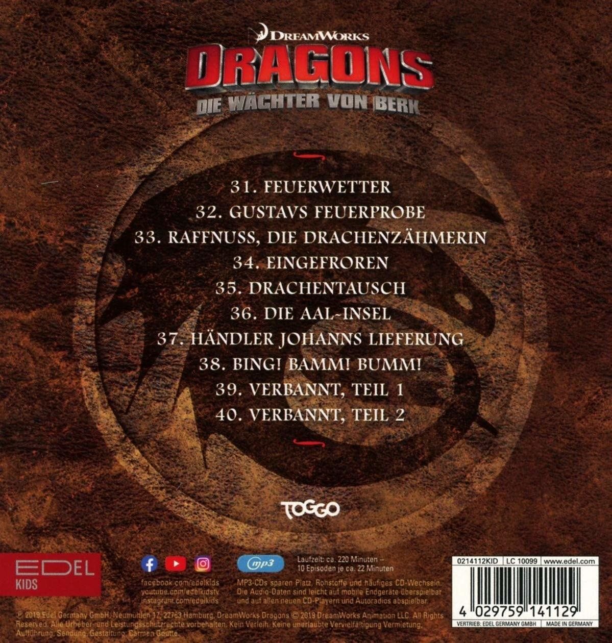 Dragons DVD-Cover mit Songtiteln. Zeichentrickfiguren und Logo sind abgebildet.