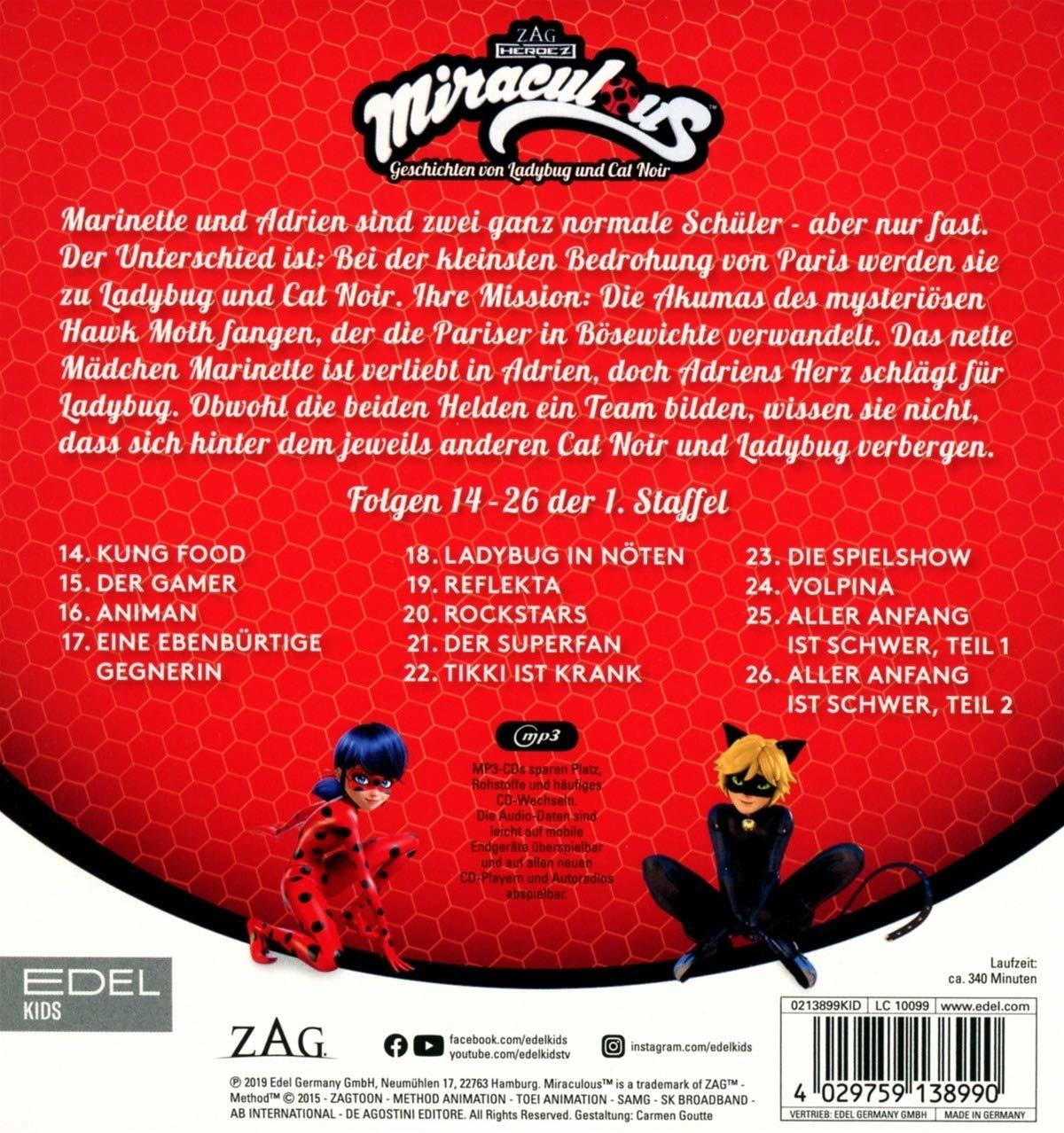 Miraculous Ladybug Cartoon DVD-Hülle mit Charakteren und Episodenliste. Deutscher Text.
