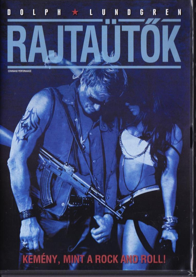 Dolph Lundgren egy DVD borítón, fegyvert tartva. Egy nő van mellette. Kék tónusú kép.