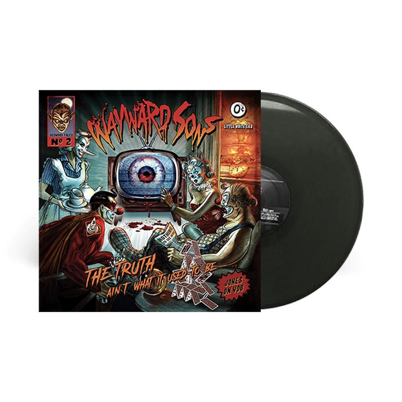 Pochette d'album avec des personnages de dessins animés et un disque vinyle. Disque noir et pochette colorée.