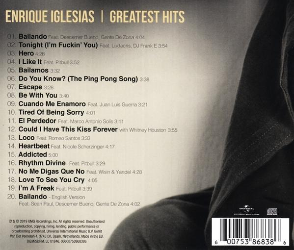 CD achterkant met Enrique Iglesias' 'Greatest Hits'. Bevat een lijst met nummers en een barcode.
