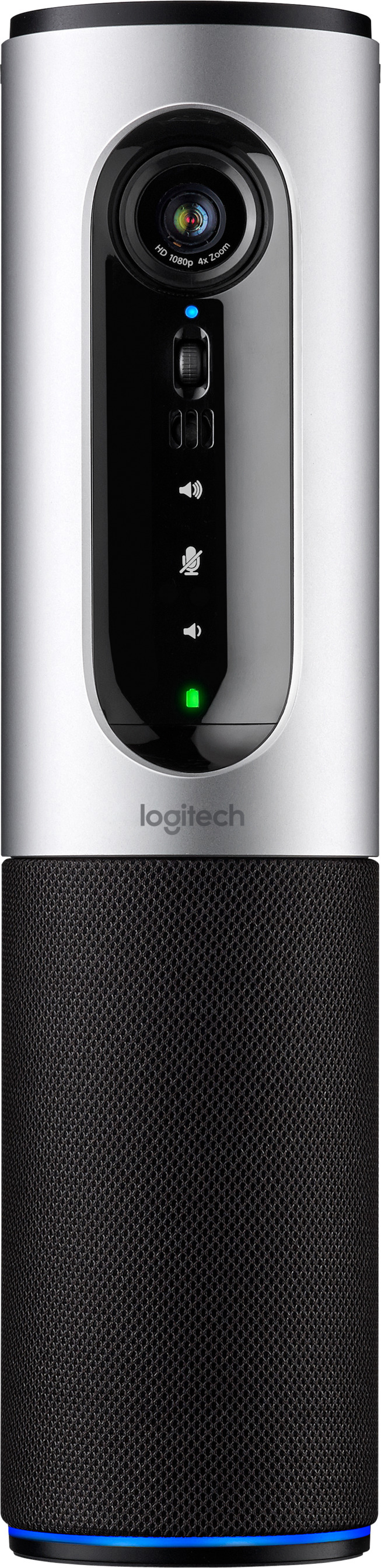 Eine Logitech-Webcam und ein Lautsprecher. Die Webcam ist silberfarben mit integrierter Kamera und Mikrofon.