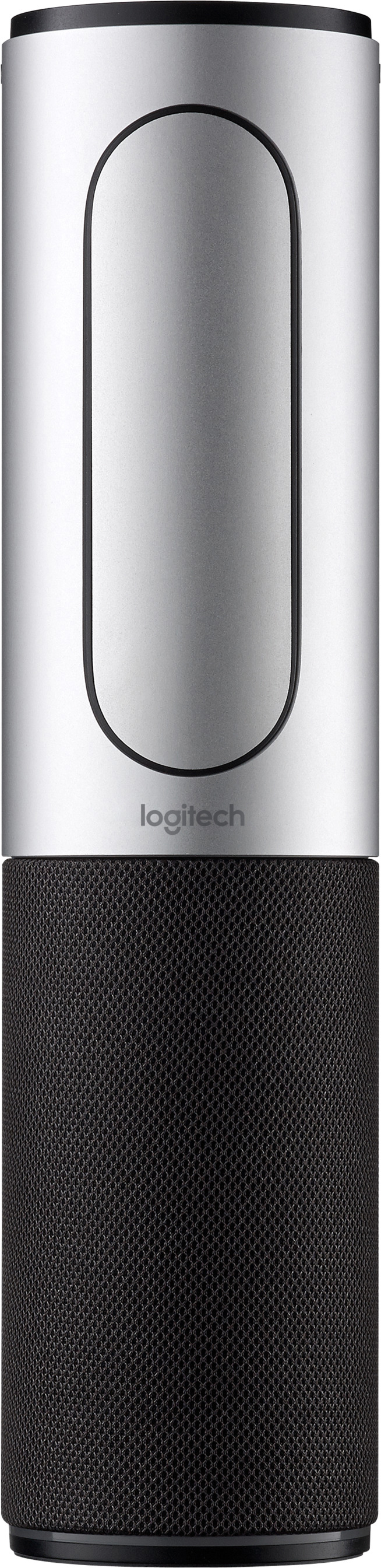 Silber-schwarzer Logitech-Lautsprecher, hoch und zylindrisch.