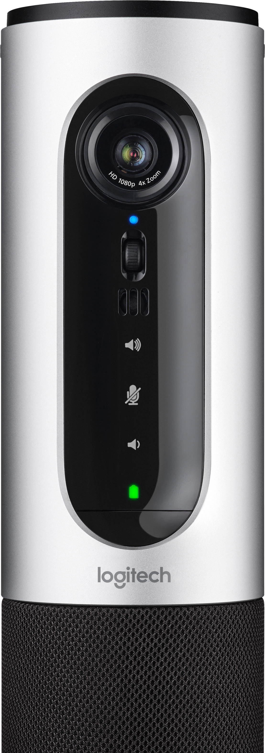 Eine Logitech-Webcam. Sie ist silber und schwarz, mit einem Kameraobjektiv, Mikrofon und Statusleuchten.