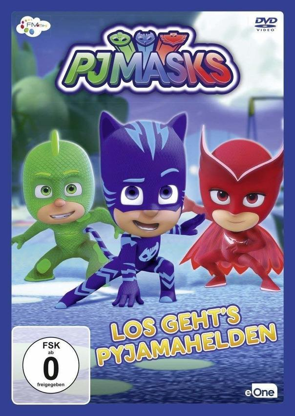 DVD-Cover mit drei PJ Masks-Figuren, Titel 'Los geht's Pyjamhelden' und blauem Rand.