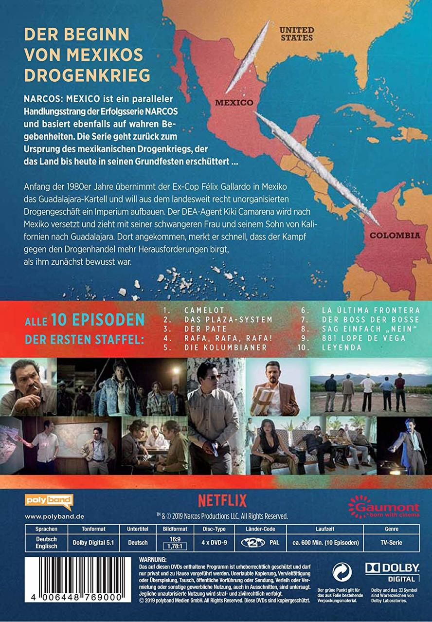 DVD-Cover mit Mexiko-Karte, Text und Bildern aus der Serie Narcos.