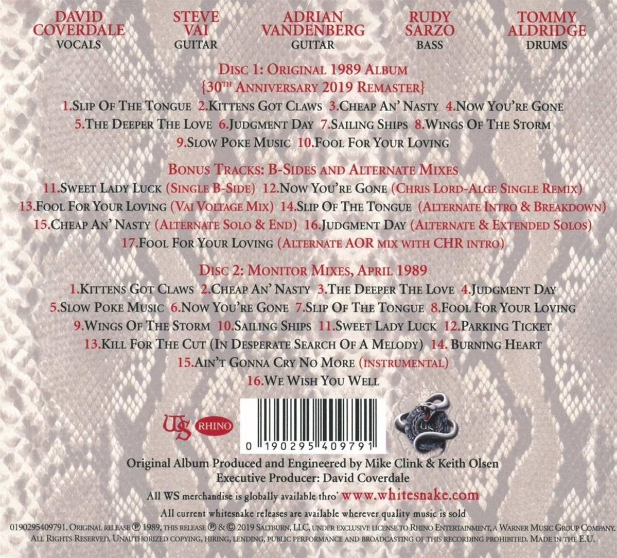 Albumhoes, Whitesnake, met namen van bandleden. Tracklijsten. Rhino logo en slangenafbeelding.