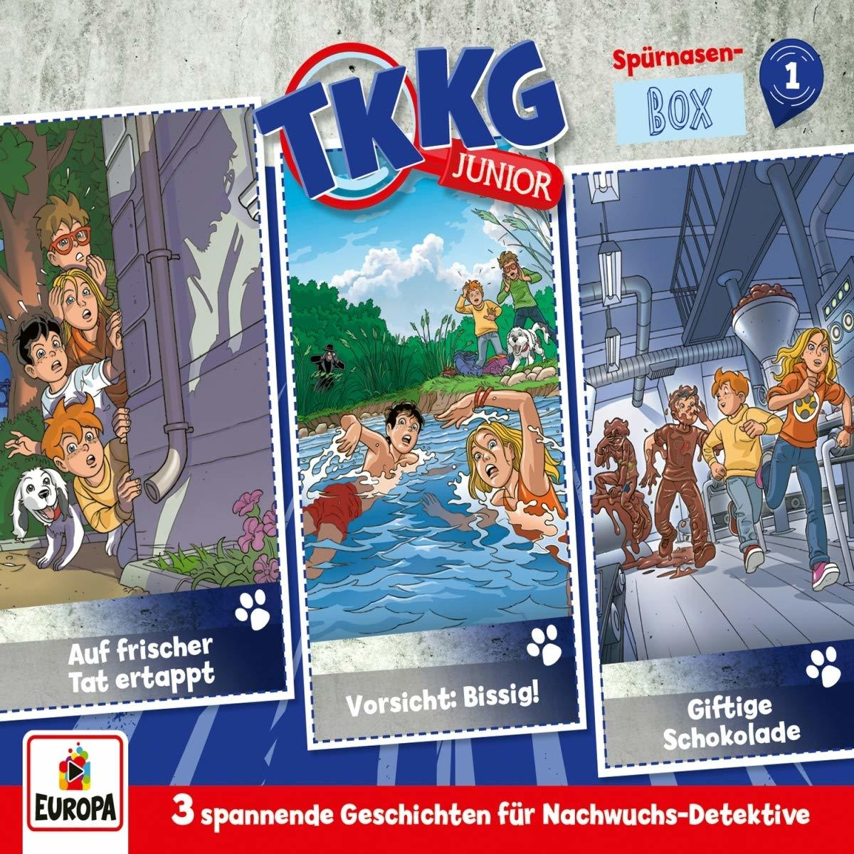 Comic-Panels mit drei Szenen von Kindern, die Rätsel lösen. Europa-Logo unten.