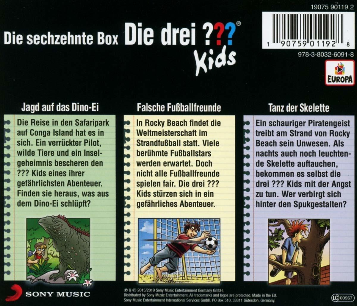 Die Rückseite einer Die drei ??? Kids Box. Es zeigt drei Tafeln mit Illustrationen und Text auf Deutsch.
