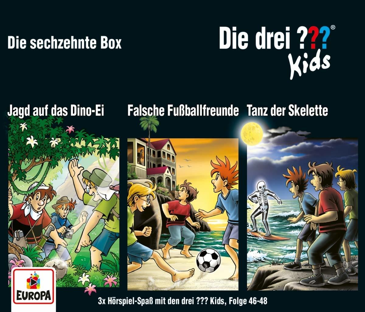 Cover für 'Die drei ??? Kids' mit drei Panels, die verschiedene Szenen und Charaktere zeigen.