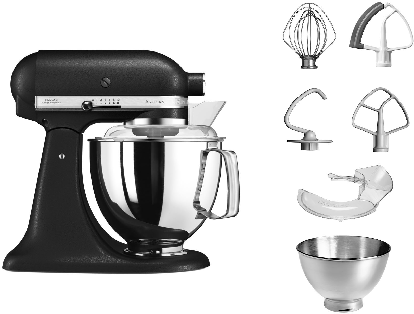 Ein schwarzer KitchenAid Artisan Mixer mit Aufsätzen, einschließlich Schüssel und Spritzschutz.