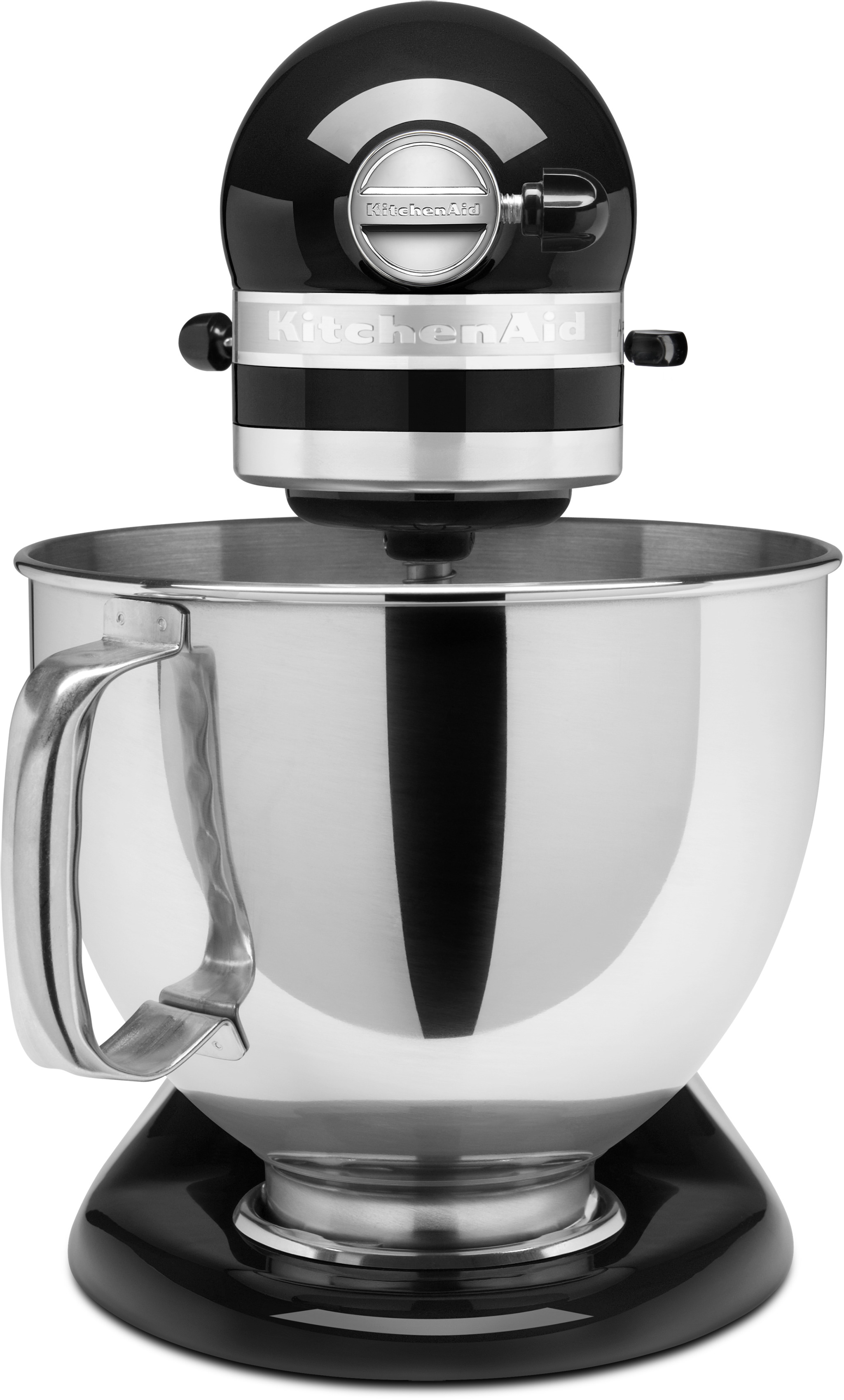 Ein schwarzer KitchenAid-Küchenmixer mit einer Edelstahlschüssel. Der Hintergrund ist weiß.