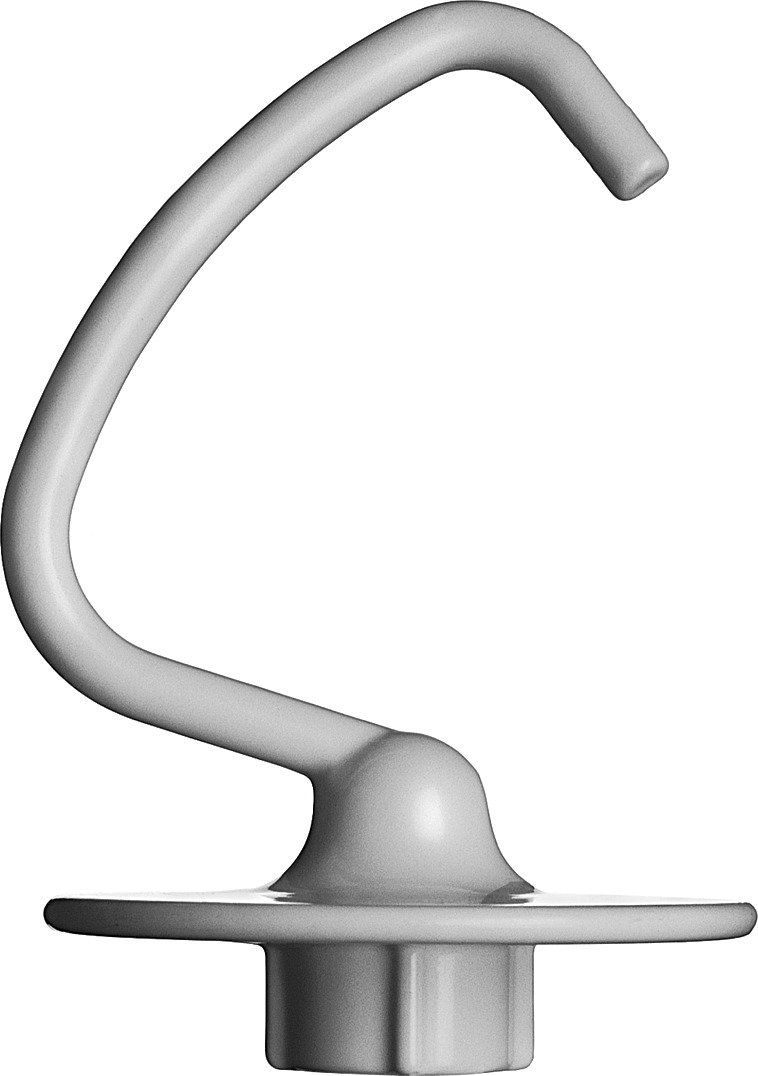 Ein weißer Knethaken für einen Standmixer, isoliert auf weißem Hintergrund.