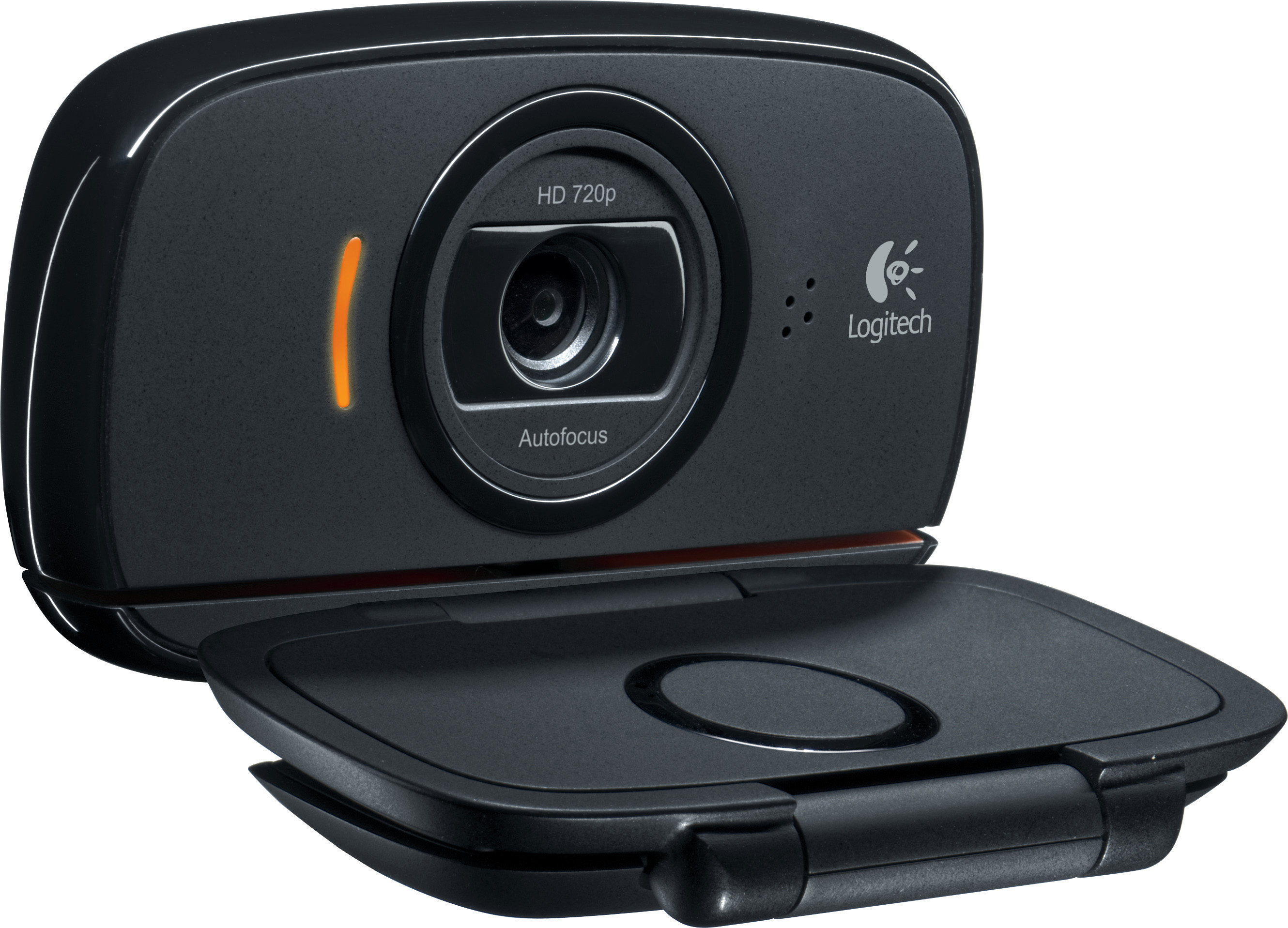 Schwarze Logitech Webcam. Hat ein Objektiv, orangefarbenes Licht und einen Ständer. HD 720p.