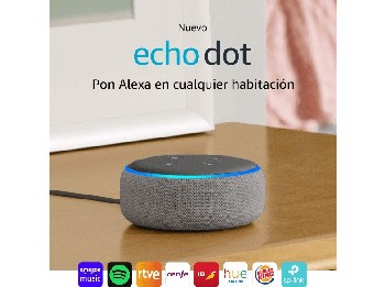 Un dispositivo echo dot sobre una mesa de madera. Hay una imagen del dispositivo y el texto 'echo dot' encima.