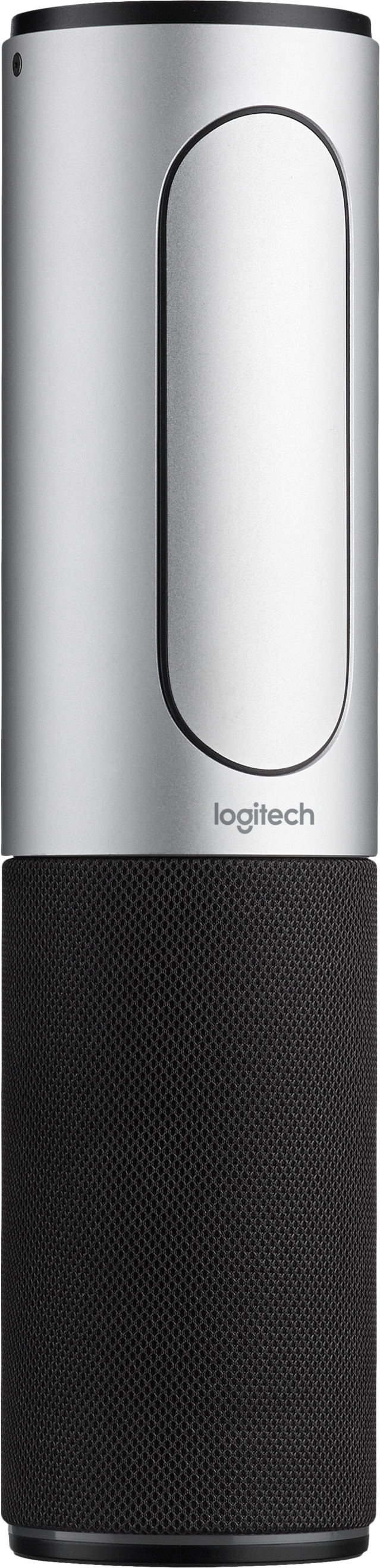 Silberner Logitech-Lautsprecher. Er ist zylindrisch. Die Oberseite ist silberfarben und hat ein ovales Design. Der Boden ist schwarz.