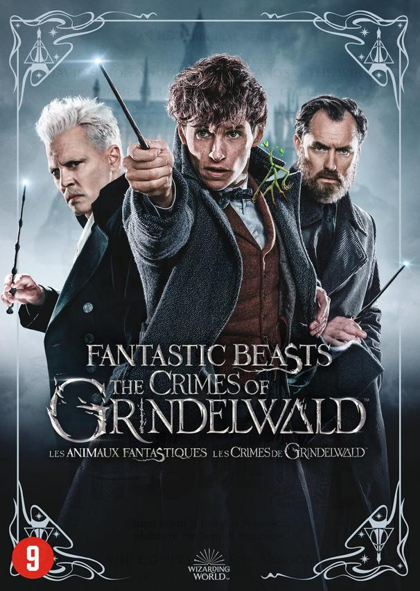 Fantastic Beasts: The Crimes of Grindelwald DVD-hoes met drie hoofdpersonages die toverstokken vasthouden.