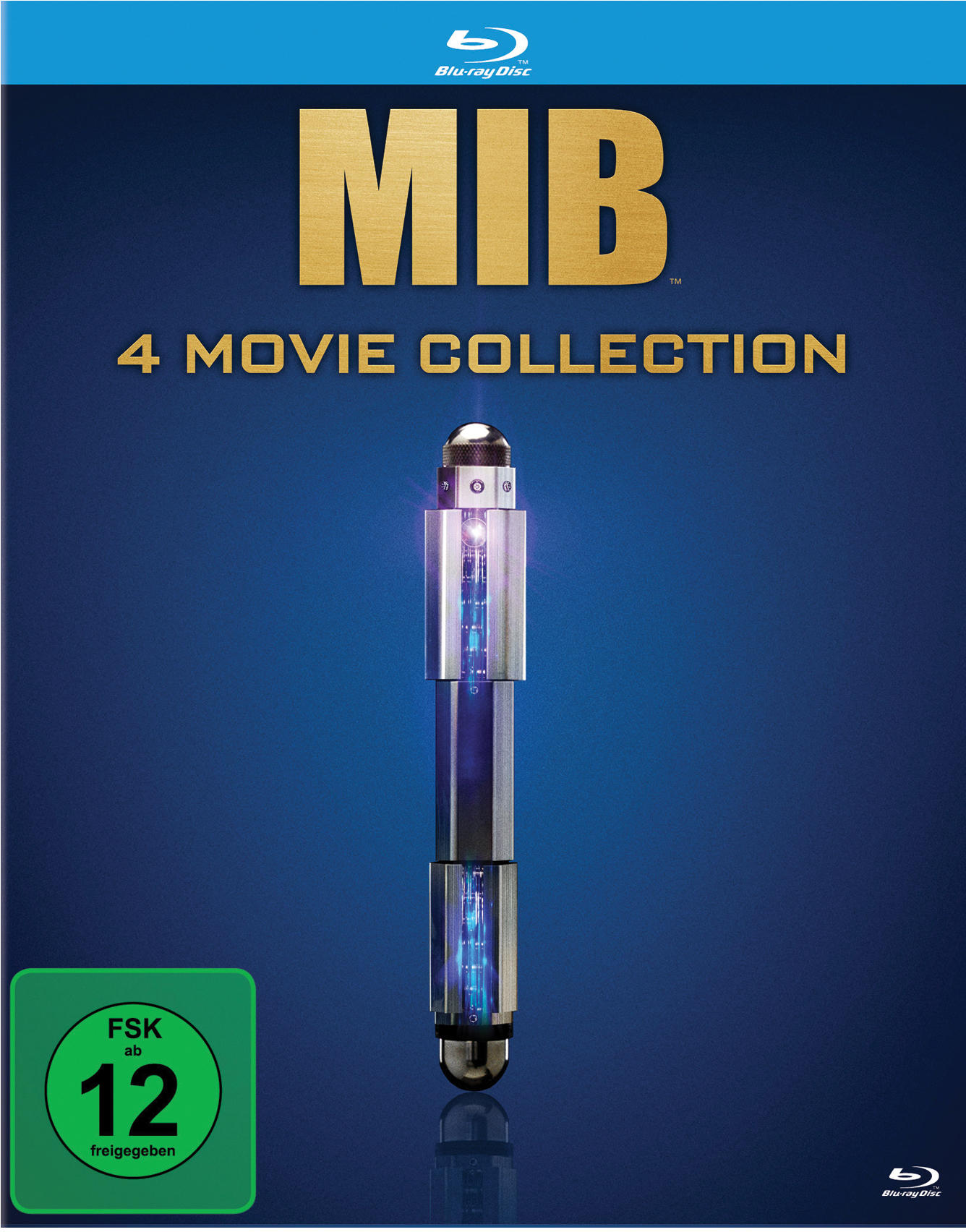MIB 4 Movie Collection Blu-ray Cover. Futuristisches Gerät auf blauem Hintergrund, Text.
