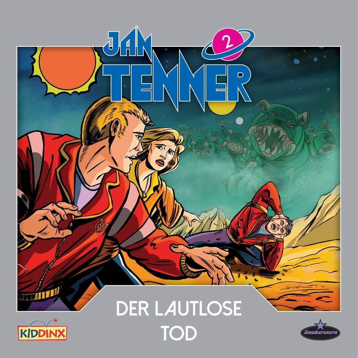 Comic-Cover: Zwei Männer und eine Frau, grüne Aliens, Text 'DER LAUTLOSE TOD'.
