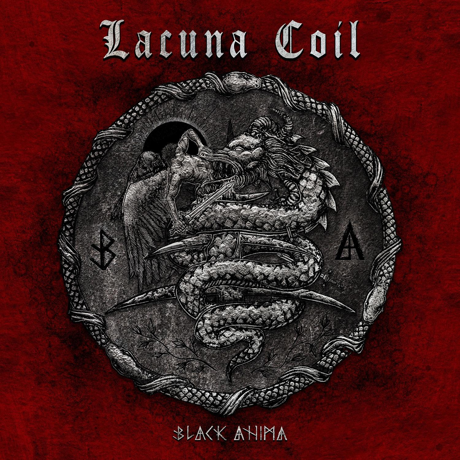 Albumcover: Ein Metall-Emblem mit Drache und Engel, roter Hintergrund, Lacuna Coil Bandname.