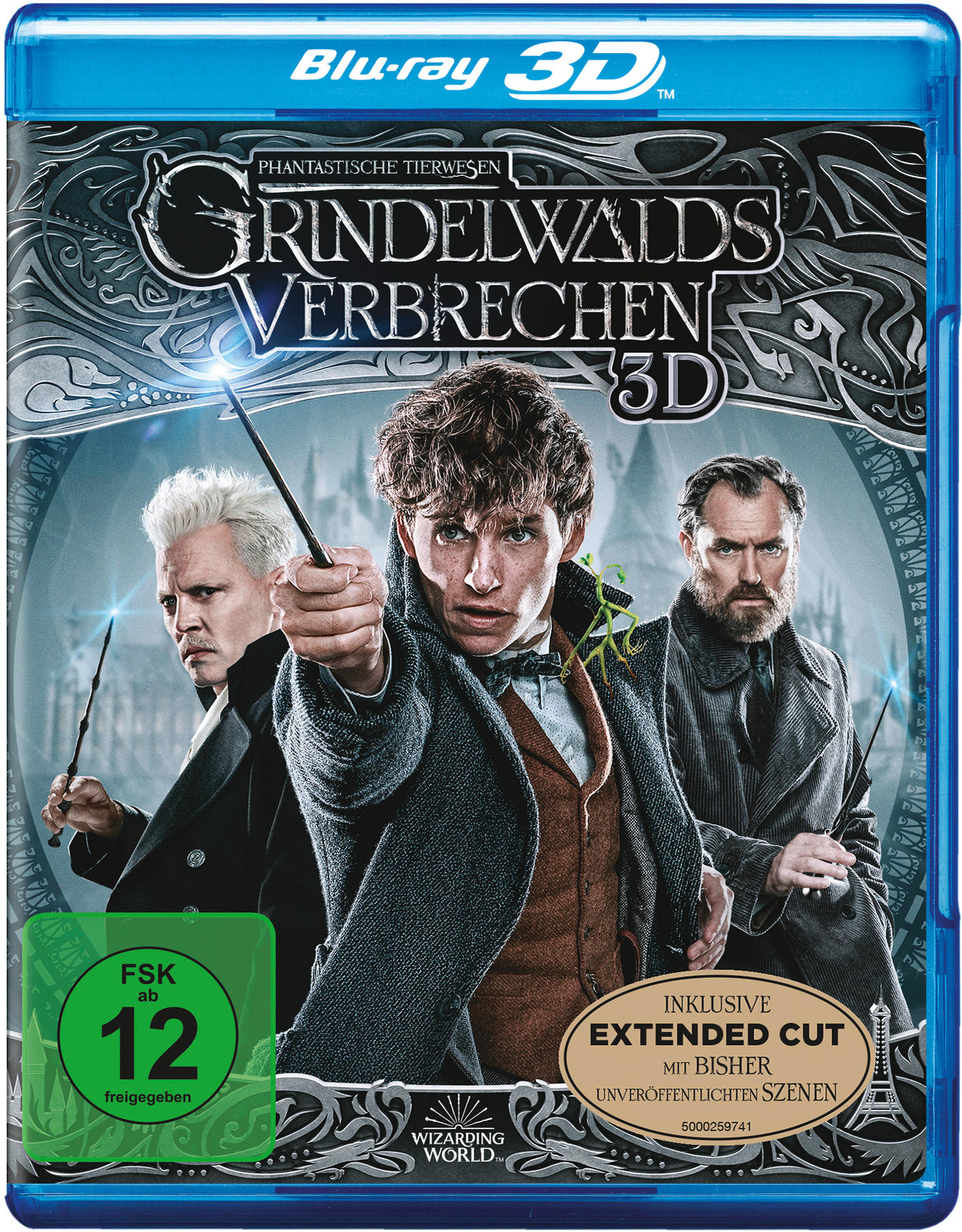Blu-ray-Cover von 'Phantastische Tierwesen: Grindelwalds Verbrechen 3D'. Mit Zauberern und Text.