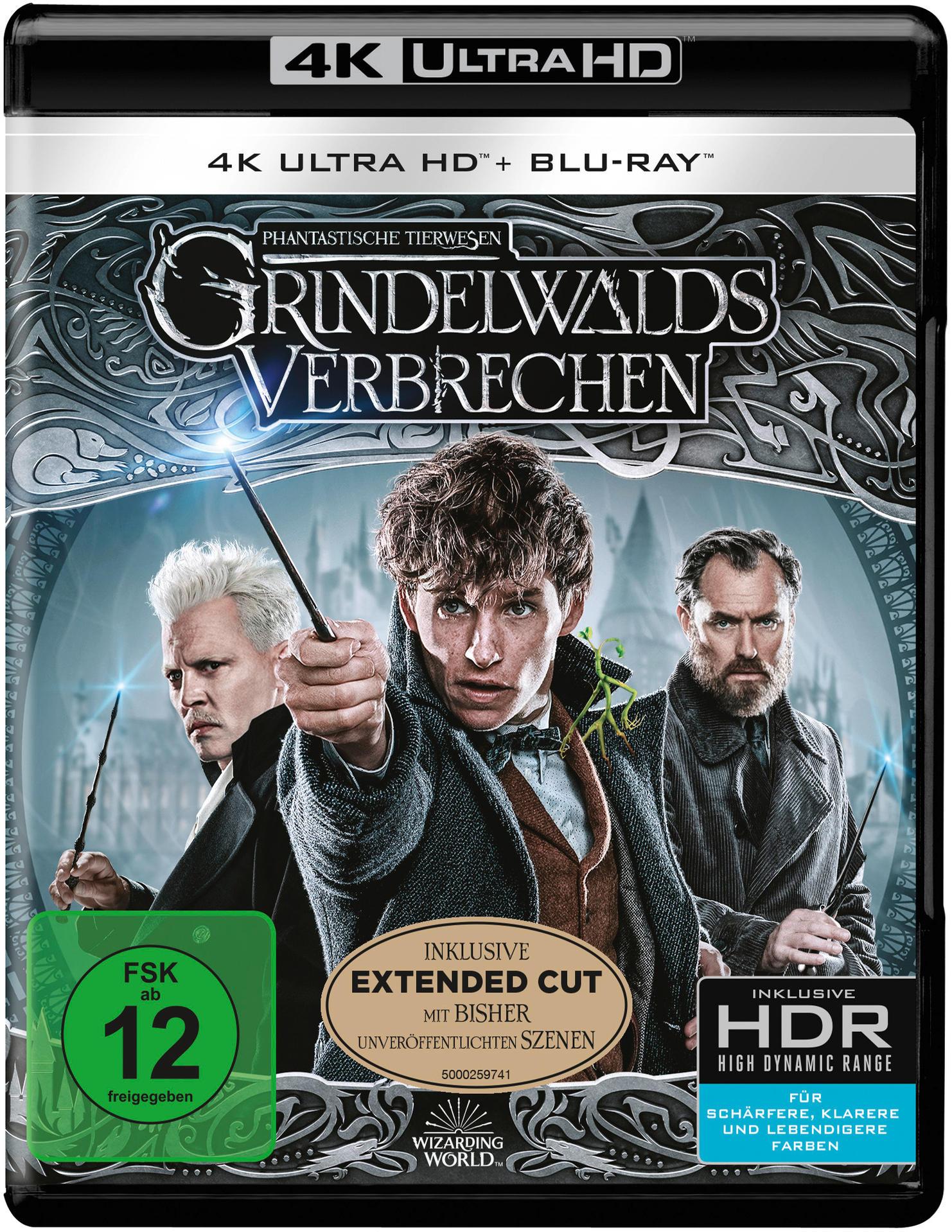 Filmcover für "Grindelwalds Verbrechen" mit drei Charakteren, die Zauberstäbe halten. Inklusive 4K Ultra HD.
