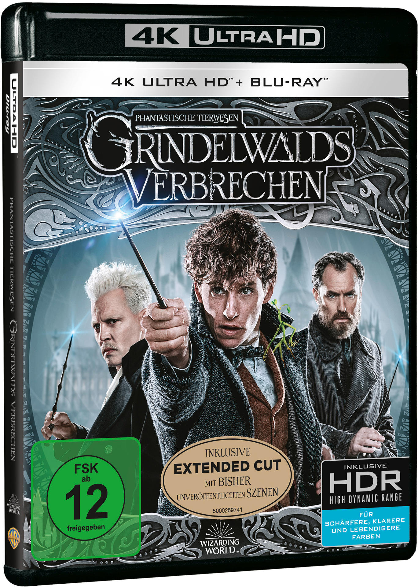 Blu-ray-Disc-Cover für 'Phantastische Tierwesen: Grindelwalds Verbrechen'. Das Cover hat ein dunkles Thema.
