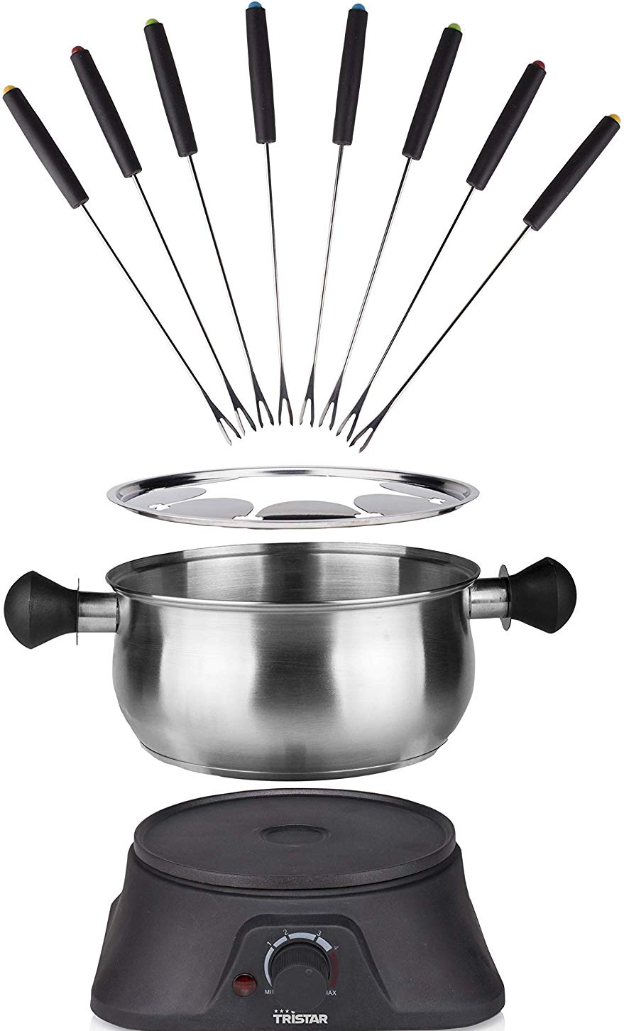 Un service à fondue en acier inoxydable avec des fourchettes et une base électrique noire.
