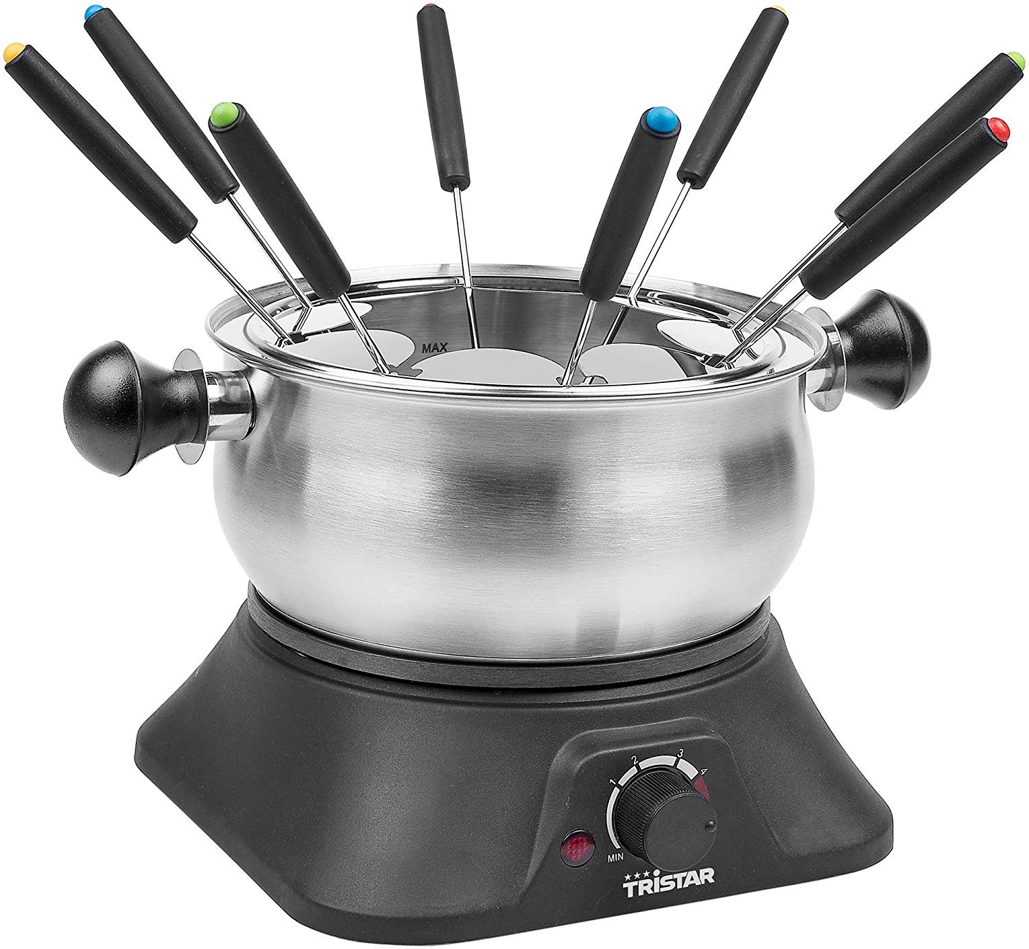 Ensemble à fondue avec pot, fourchettes et socle noir. Pot en inox et détails noirs.