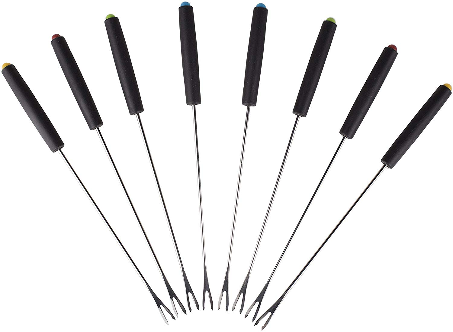 Huit fourchettes à fondue avec manches noirs et pointes colorées, disposées en éventail.