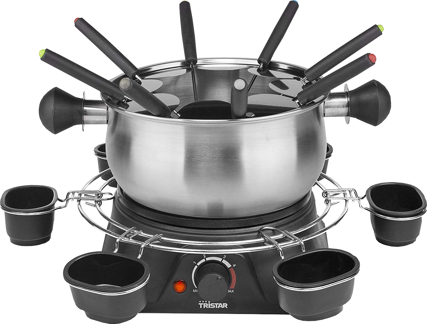 Un caquelon à fondue en acier inoxydable sur une base noire, avec des fourchettes et des petits bols.