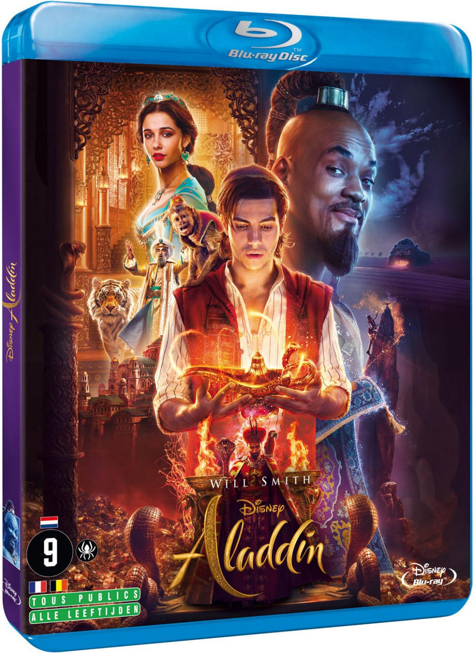 Blu-ray filmhoes van Aladdin met filmpersonages op de cover.