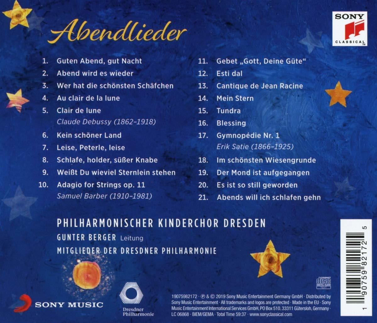 Rückseite einer CD-Hülle mit Titeln und Text auf Deutsch. Ein gelber Stern ist in der oberen rechten Ecke.