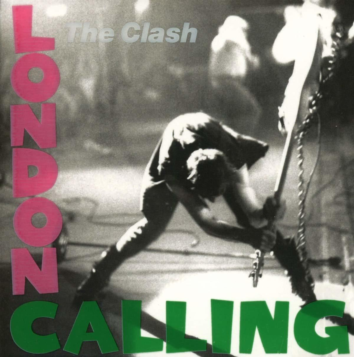 Zenész gitárt tör, London Calling és The Clash felirat.