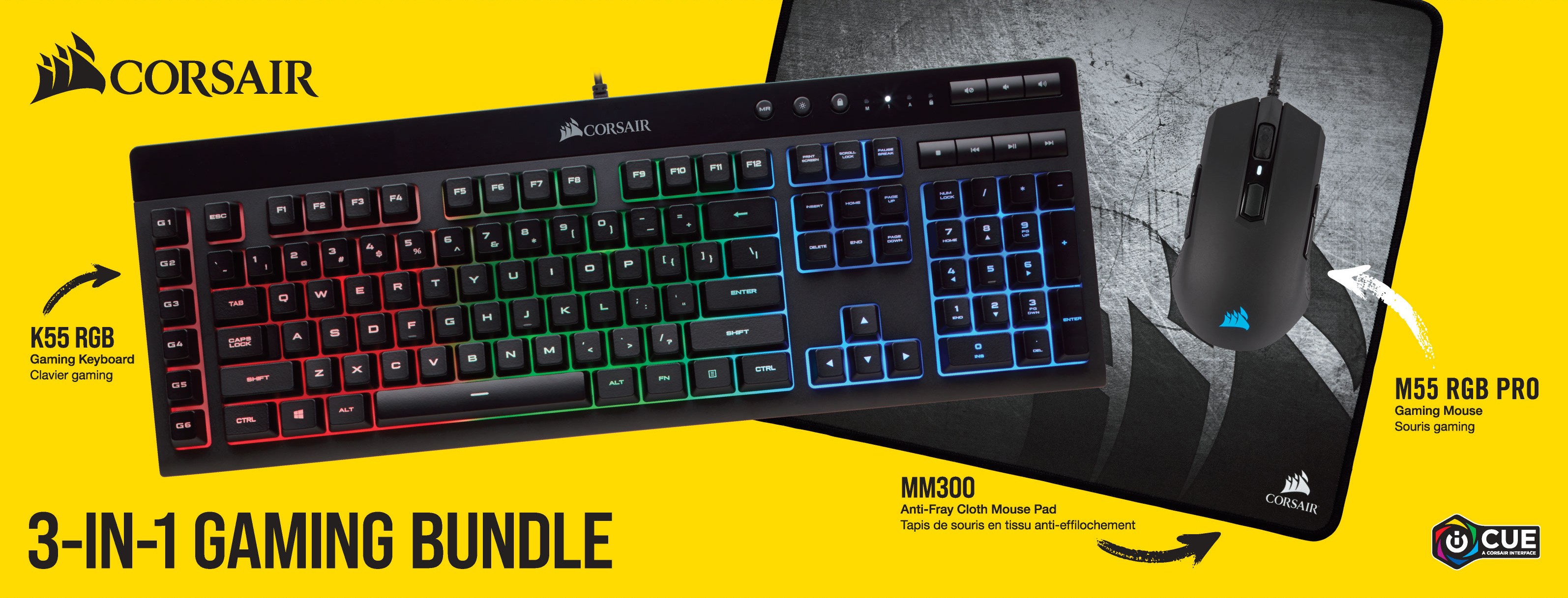 CORSAIR 3in1 Gaming Bundle (K55+M55 RGB Pro+MM300), Gaming Tastatur, Maus & Mauspad, Rubberdome, kabelgebunden, Schwarz