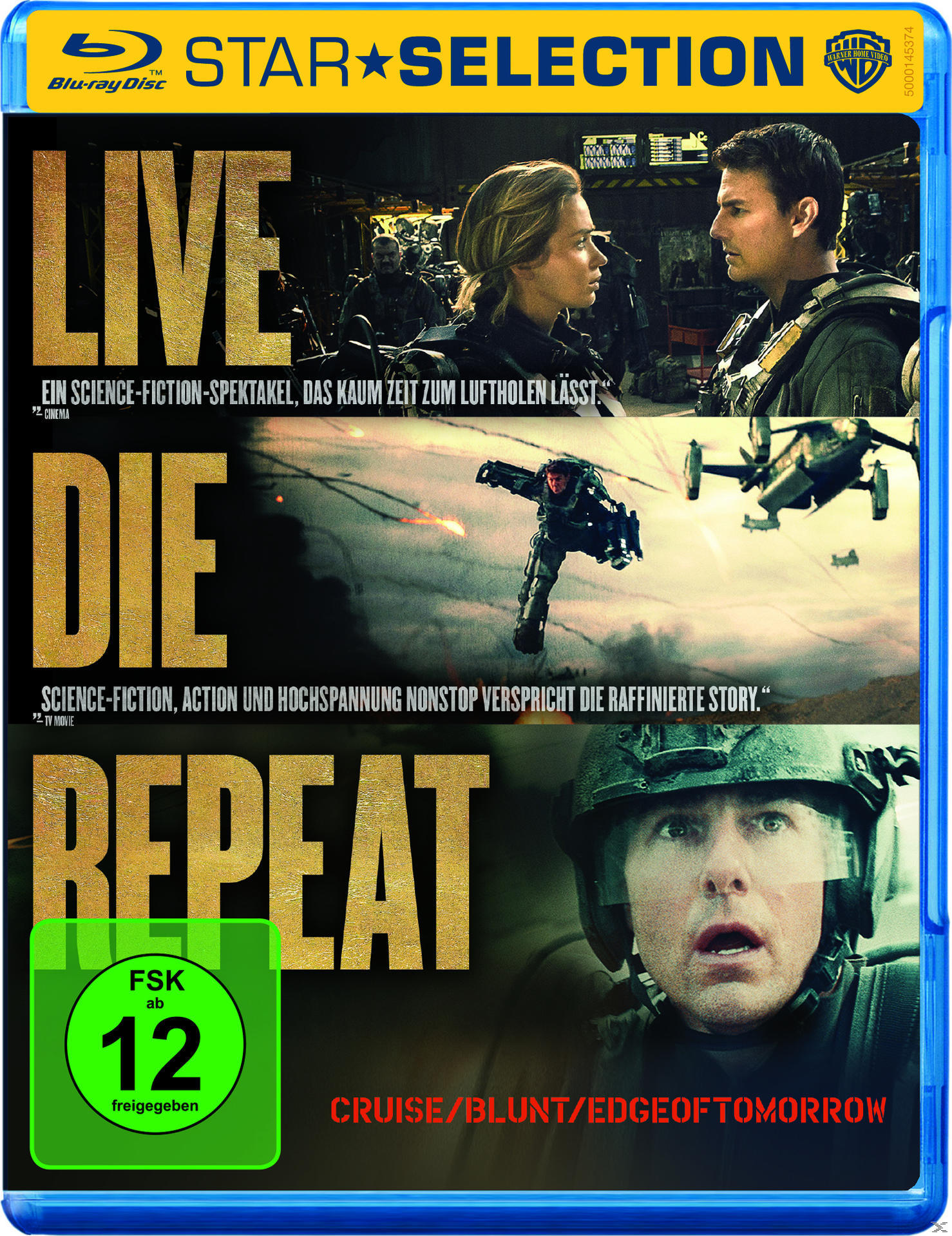 Blu-ray-Cover von Edge of Tomorrow. Tom Cruise und Emily Blunt sind abgebildet. Text enthält "LIVE DIE REPEAT" und Altersfreigabe.