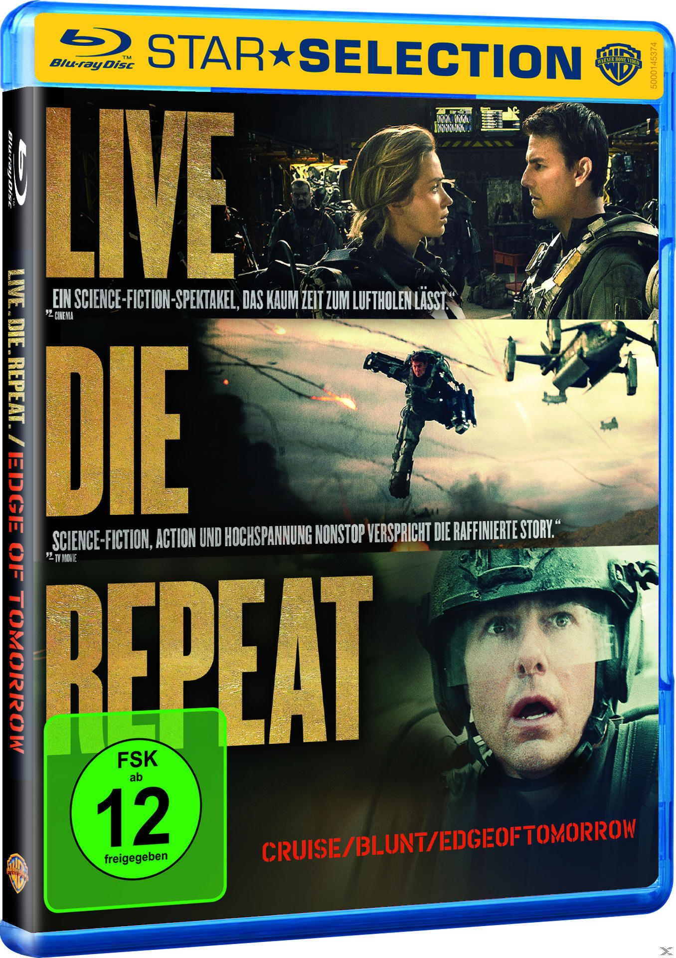 Blu-ray-Cover für Edge of Tomorrow. Tom Cruise und Emily Blunt stehen sich gegenüber. Der Titel ist groß und gold.