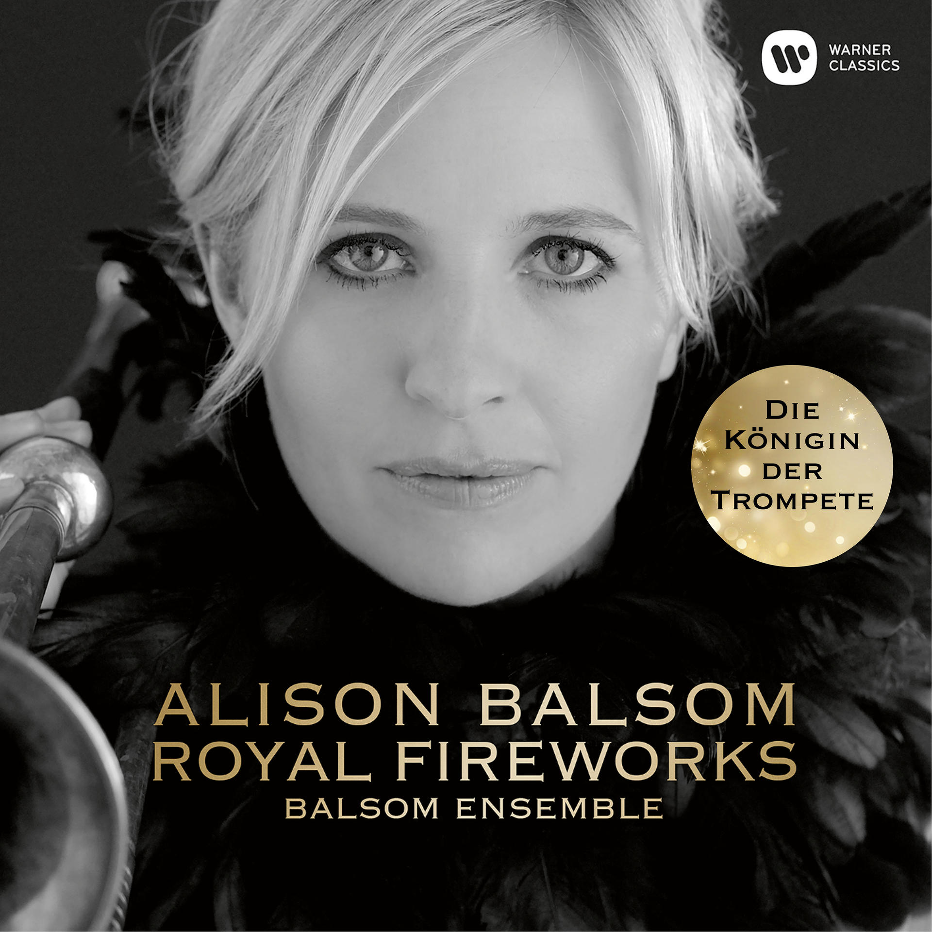 Pochette d'album, une femme blonde avec une trompette, texte : Alison Balsom, Royal Fireworks.