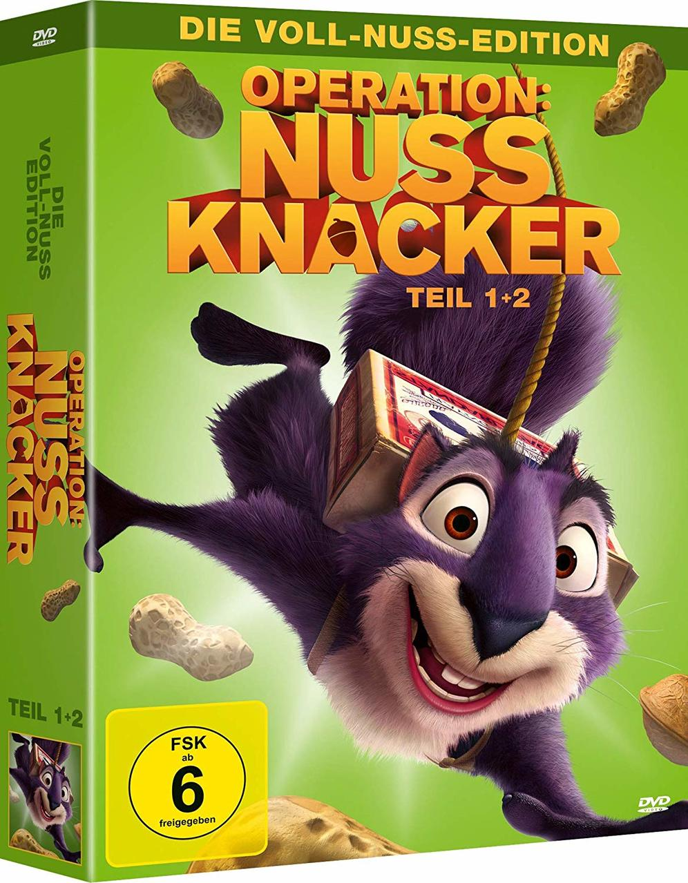 DVD-Cover: Lila Eichhörnchen, das eine Kiste hält, Cartoon-Stil, mit Text Operation Nussknacker.