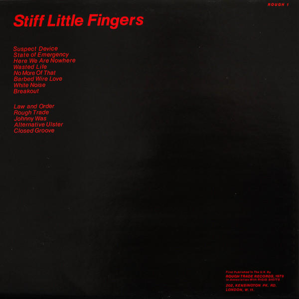 Album borító piros 'Stiff Little Fingers' szöveggel. Szöveglista fekete háttéren.