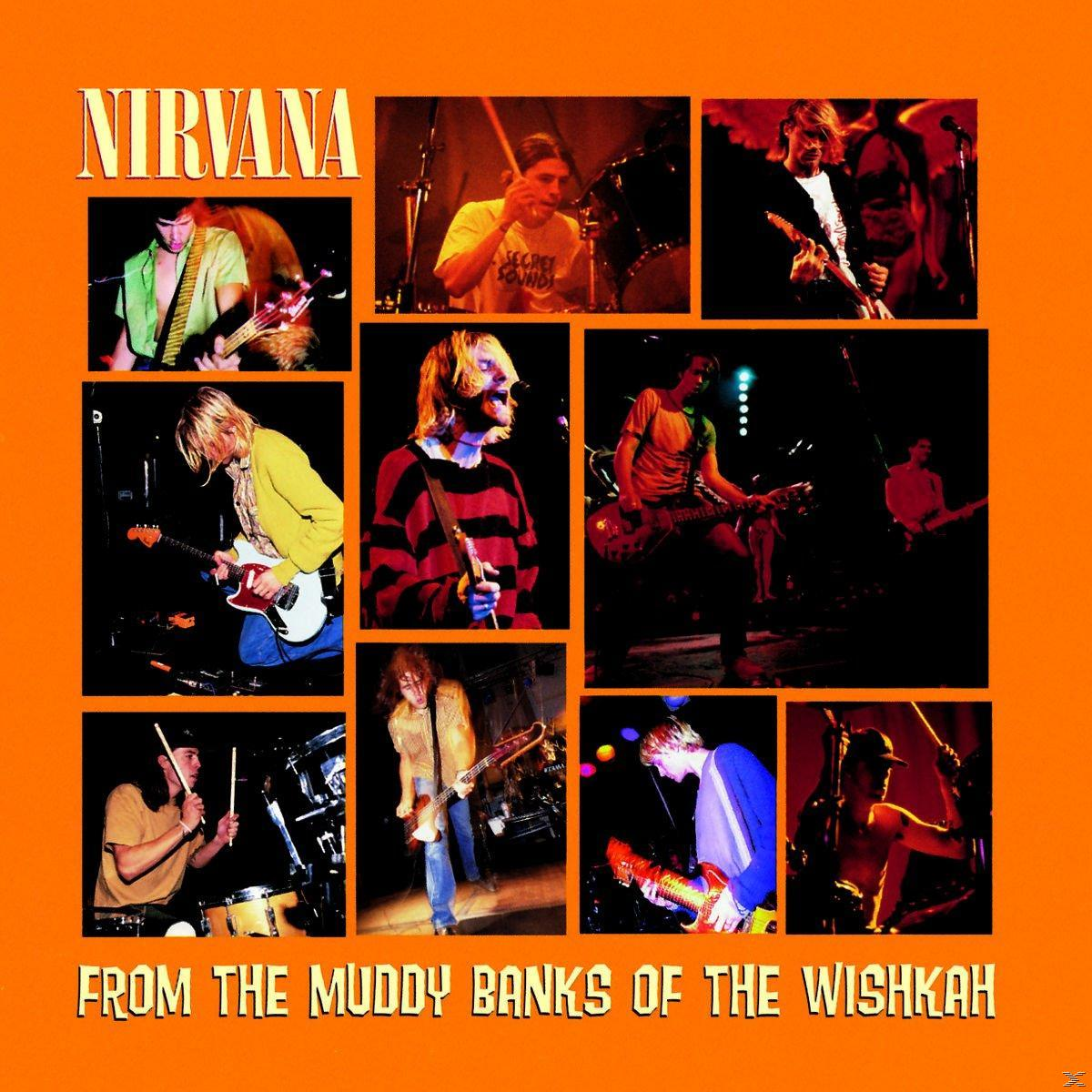 Nirvana album borítója zenekari tagokkal több fotón. Narancssárga háttér.