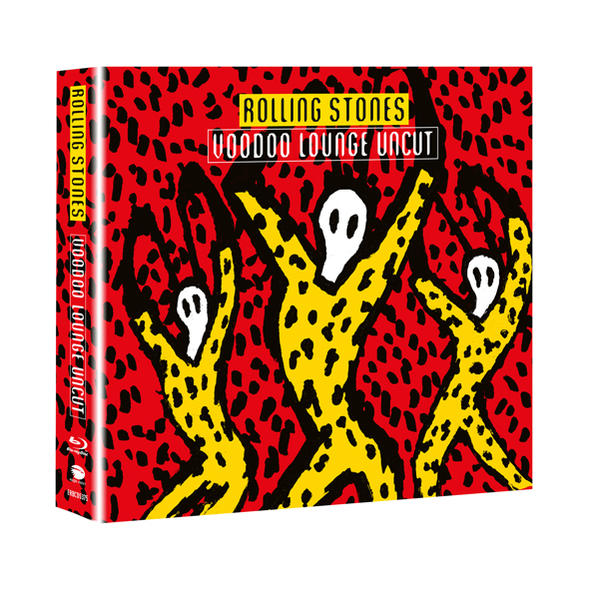 Rolling Stones 'Voodoo Lounge Uncut' album borítója, piros háttér, sárga figurák.