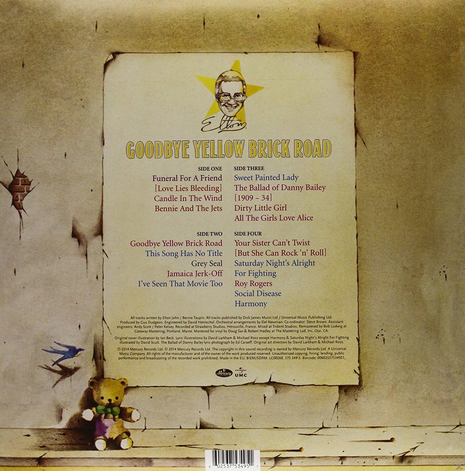 Album-Rückseite mit Trackliste, einem Cartoon-Porträt und Text über Elton Johns Songs.