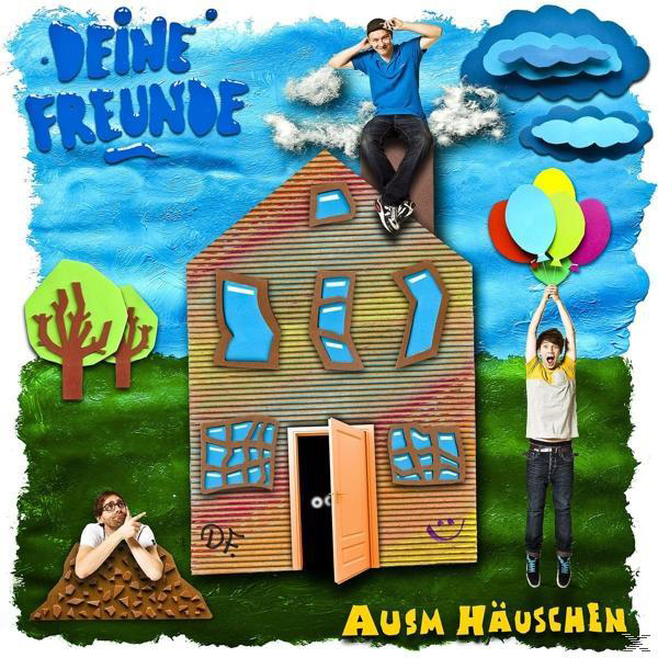 Albumcover. Zwei Männer auf dem Dach eines Hauses. Andere Leute am Boden. Der Titel ist Ausm Häuschen.