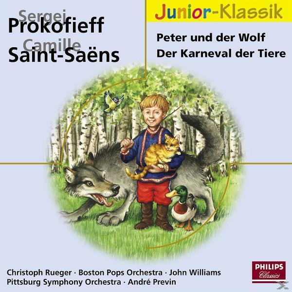 Albumcover mit einem Jungen, der eine Katze, einen Wolf, eine Ente hält, und dem Text 'Peter und der Wolf'.