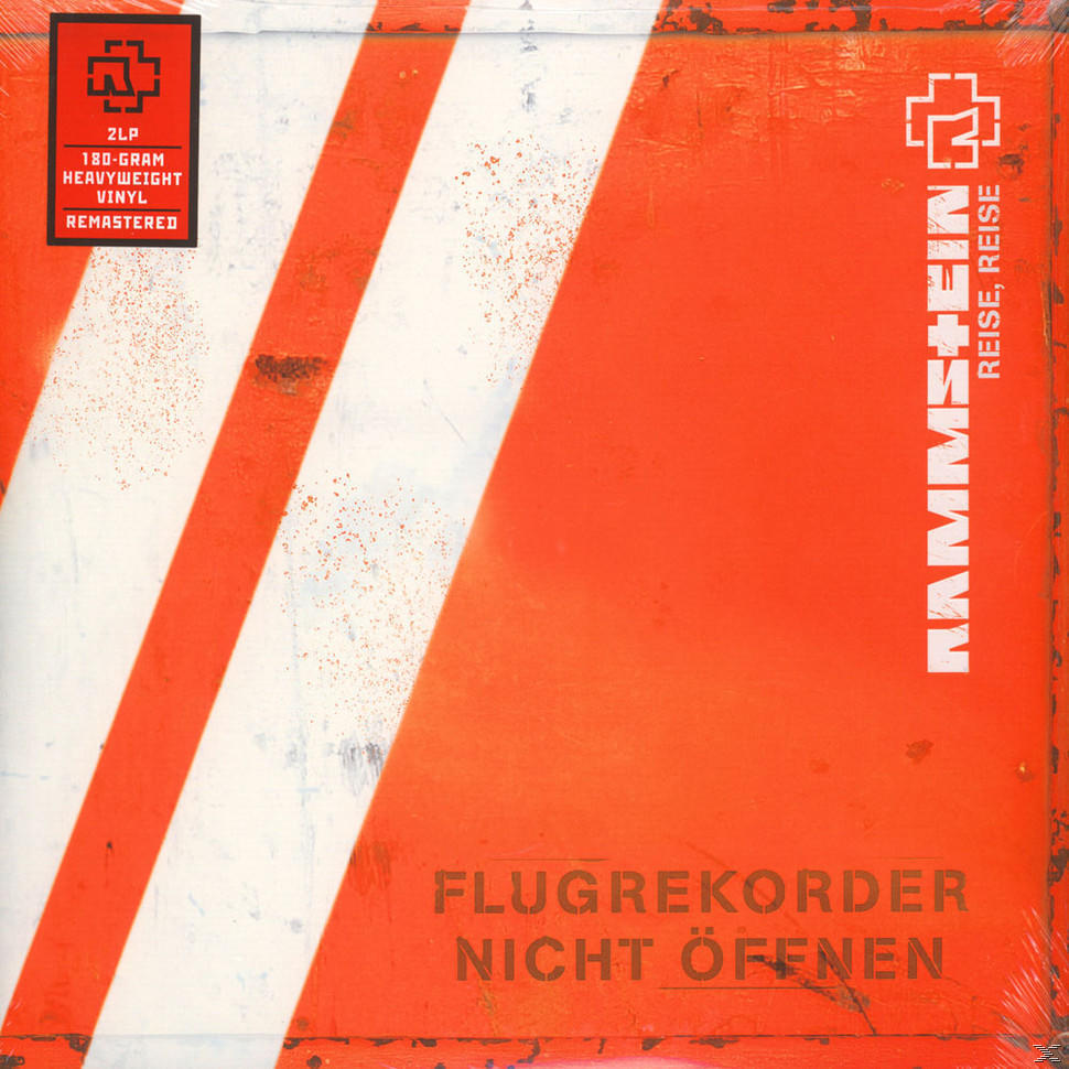 Albumhoes: oranje achtergrond met witte diagonale strepen en tekst 'Rammstein Reise, Reise'.